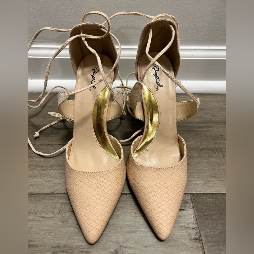 Tie up Tan faux suede & snake skin print point toe heels